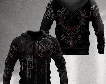 Sudadera con capucha y brújula vikinga Vegvisir, sudadera con cremallera de runas nórdicas, chaqueta con símbolos paganos nórdicos, regalo de ropa urbana rúnica oscura para hombres y mujeres.