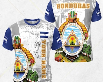 Honduras Name All Over Print Shirt | Honduras Flagge & Wappen Unisex T-Shirt, Vaterländisches Trikot Geschenk, Reise, Festival, Fußballfans