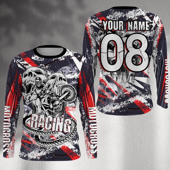 Custom Skull Motocross Jersey: Grunge Long Sleeve Dirt Bike Racing
