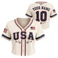 USA Baseball Jersey Crop Top, Womens Patriotic Fan Shirt, July 4th Outfit Tee Top product logo