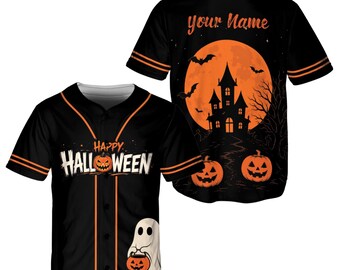 Personalized Halloween Baseball Jersey, Custom Name, Haunted House Pumpkin Shirt, Unisex