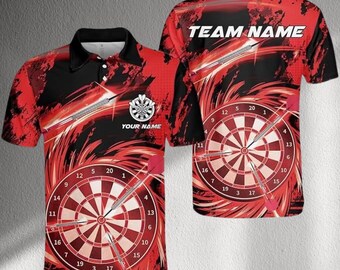 Custom Red Darts Team Polo Shirt, Personalized Name and Team Name Jersey, Dartboard Graphic Top for League, Bar and Tournament Play