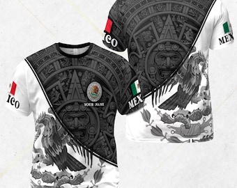 Mexiko Azteken-Sonnenstein-T-Shirt, Adler- und Schlangenwappen, Schwarz-Weiß-Flaggen-Hülse Unisex-T-Shirt, personalisiertes mexikanisches Stolzgeschenk