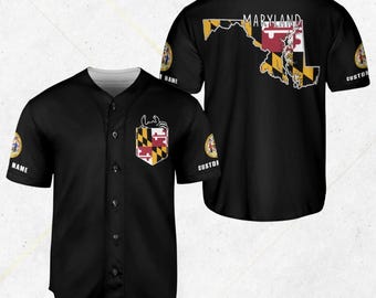 Maryland Baseball Jersey-Shirt - Zustandsflaggenkarte mit Knöpfen, benutzerdefinierte Namensärmel, schwarzes Unisex-Team-Top, Marylander-Geschenk, lokale Pride Wear