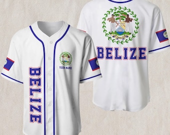 Custom Belize Baseball Jersey White Blue Unisex Button Up – Belize Coat of Arms Back, Flag Sleeve Patches, Personalized Name Pride Gift