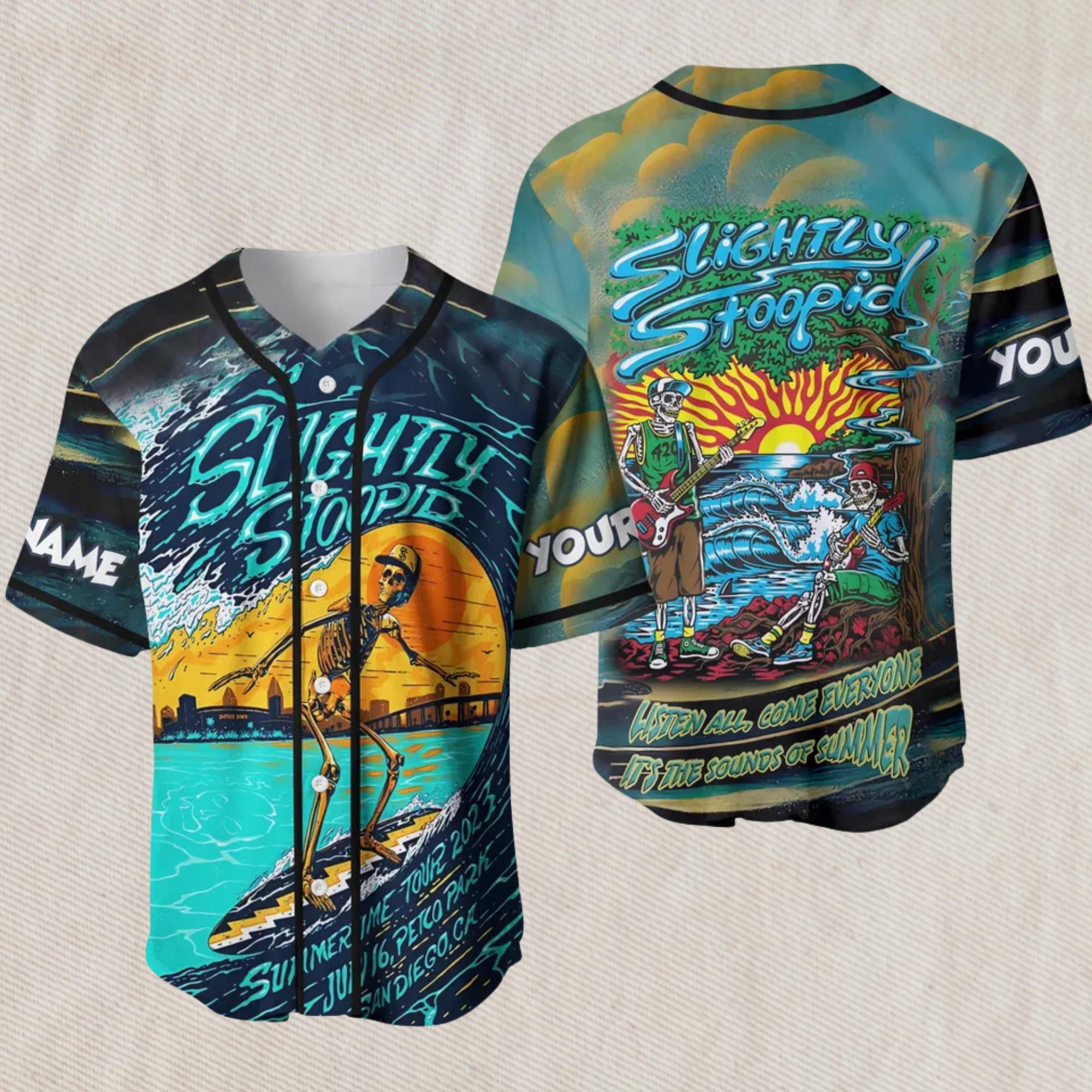 Discover Slightly Stoopid Baseball Jersey  Skeleton Surf Tour Graphic, Reggae Beach Vibes, Custom Name Sleeve