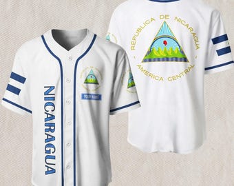 Nicaragua Baseball Jersey – White Blue Trim, Republica de Nicaragua Seal Back, Vertical NICARAGUA Front, Custom Name Unisex Fan Shirt