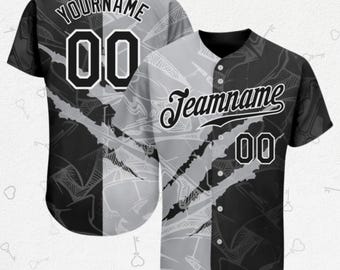 Benutzerdefiniertes Black & Grey Baseball Jersey - Split Monochrome Button-Up, Team Name, Nummer, Unisex Softball Top