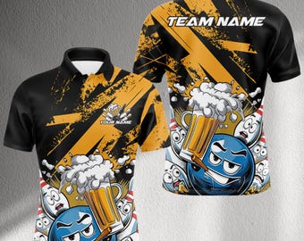 Custom Bowling Beer Jersey Polo Shirt, Personalized Name Team Top, Cartoon Ball Pins Design, Fun Bar League Unisex Shirt for Teams Play
