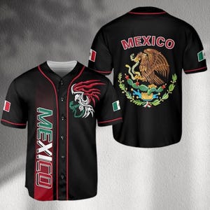 May include: Black baseball jersey with the word "MEXICO" vertically down the front and on the back. The jersey features the Mexican coat of arms and the Mexican flag colors: red, white, and green. The jersey has a button-up front and short sleeves.