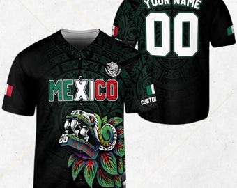 Kundenspezifisches Mexiko-Baseballtrikot - Azteken Quetzalcoatl Gefiederte Schlange Design mit Flagge und personalisierter Namensnummer