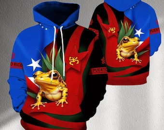 Puerto Rico Coqui Frog Hoodie, Boricua Flag Colors Pullover Sweatshirt, Unisex All Over Print Hooded Top, Island Pride Gift for Men Women