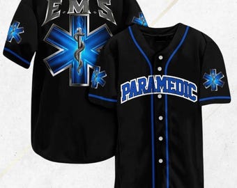 Sanitäter EMS Baseball Jersey - Schwarz Blauer Stern des Lebens, Unisex Button Up, Notfallmedizin Geschenk Shirt für Ersthelfer