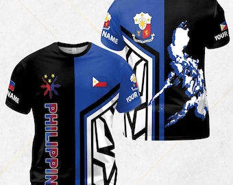 Philippinen Karte All Over Print T-Shirt in Blau Schwarz Split, Flagge Ärmel Patches, Zurück Wappen, benutzerdefinierte Namen Option, Unisex Vaterländischen T-Shirt