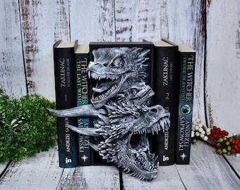 Kącik Książkowy Dragons Heads: Dekoracja na fantastyczną półkę, wydruk 3D, prezenty dla miłośników książek