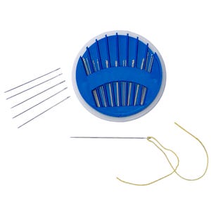 May include: A sewing needle set with a blue and white plastic case. Several loose needles are scattered around the case, and a single needle is threaded with yellow thread. The needles are silver.