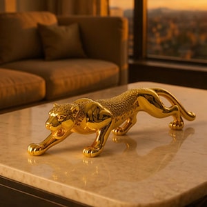 Puede incluir: Una figura dorada de leopardo en posición de acecho. La escultura está muy pulida, reflejando la luz y los detalles. La figura se coloca sobre una superficie similar al mármol, lo que sugiere un elemento decorativo para el hogar.