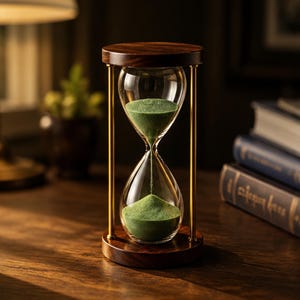 May include: An hourglass featuring a clear glass bulb filled with fine green sand, held between two circular dark wood bases. The structure is supported by four slender gold-toned metal rods connecting the top and bottom wooden components.
