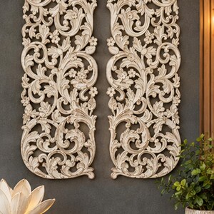 Handmade Ornate Floral Wall Panel Set of 2,  Vintage Leaf Scroll Carving, Home Decoration