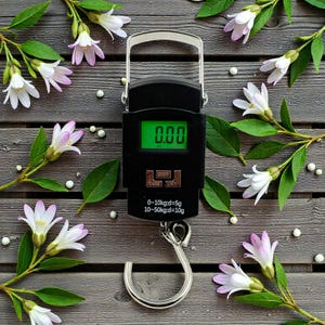 May include: A black digital hanging scale with a stainless steel hook and handle, displaying "0.00" on a green screen. The scale is surrounded by white and pink flowers and green leaves on a wooden background.