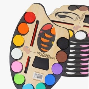 May include: Wooden artist palettes with a variety of colourful watercolour paints. Each palette has a handle and a section for mixing colours. The text "Artist Palette" is printed on the palette.