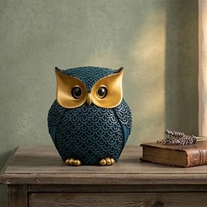 May include: A decorative owl figurine with a teal body and gold-colored accents. The owl has large, round eyes and a textured pattern on its body. The figurine is sitting on a wooden surface.