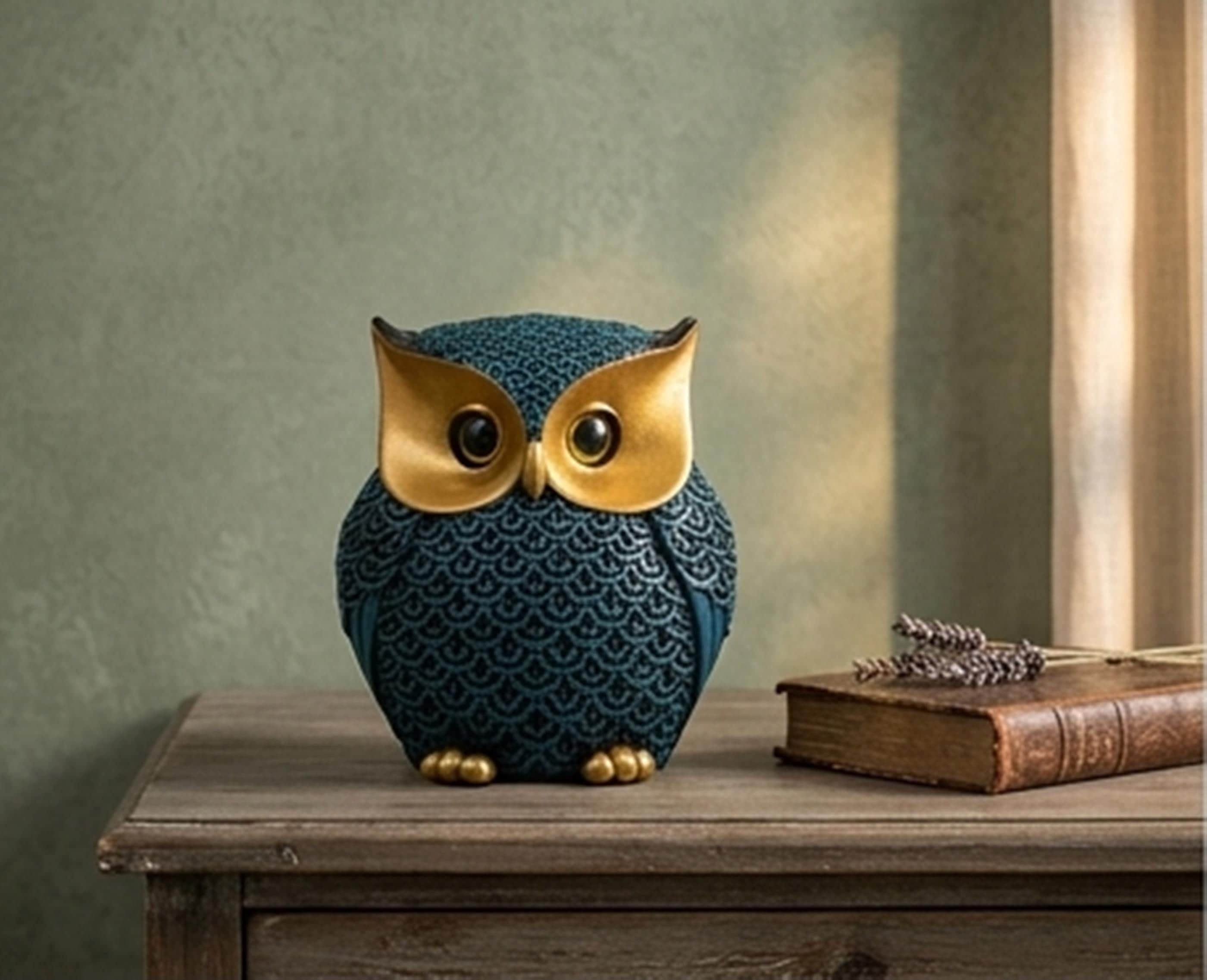 Modern Owl Figurine Decor &ndash; Blue & Gold Owl Statue, Elegant Home Accent, Wisdom Symbol Scu