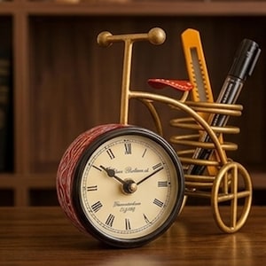 Op de afbeelding: Een decoratieve bureauklok in de vorm van een fiets. De wijzerplaat is crèmekleurig met zwarte Romeinse cijfers. Het fietsframe is goudkleurig, met een rood en bruin wiel. Een pen en een hobbymes zitten in de mand.