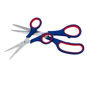 May include: Two pairs of scissors with stainless steel blades. The handles are blue with red accents around the finger holes. The scissors are designed for general use and are suitable for various cutting tasks.