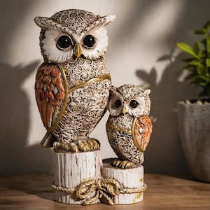 May include: Two owl ornaments. The larger owl, with cream, gold, and orange detailing, stands on a wooden base. The smaller owl is beside it. The figurines have large, dark eyes and are a charming home decor item, suitable for a living room.