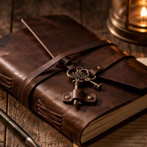 May include: A dark brown leather journal with a wrap-around strap closure secured by an ornate metal key charm. The journal features visible side stitching, thick cream-colored pages, and is accompanied by a black pen resting on a wooden surface.