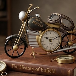 Könnte beinhalten: Eine dekorative Motorraduhr im Vintage-Stil. Die Uhr hat eine goldene und schwarze Farbgebung und trägt den Schriftzug "Royal Enfield" auf dem Tank. Sie wird von einer Fliegerbrille begleitet und liegt auf einem Buch mit dem Titel "The History of Enfield".
