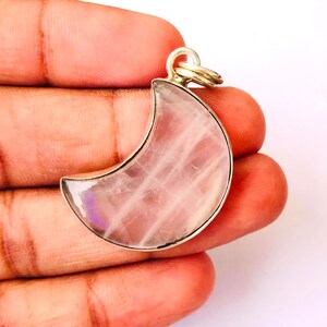 Natural Rose Quartz Moon Sterling Silver Pendant !! Rose Quartz Gemstone 92.5 Sterling Pendant !! Rose Quartz Wedding Pendant - 1.60" Inch