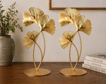 Scultura a forma di foglia di Ginkgo dorata, moderna decorazione floreale in metallo, elegante opera d'arte botanica da tavolo.