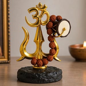 Peut inclure: Une statue dorée représentant le symbole Om et un trident, ornée d'un chapelet de perles marron et d'un petit tambour. La statue repose sur une base noire texturée. Une bougie et un cadre sont en arrière-plan.
