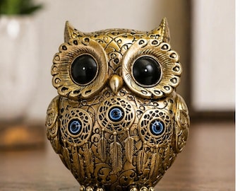 Vintage Gold Color Resin Owl Figurine, Decorative Owl Statue, Boho Home Decor