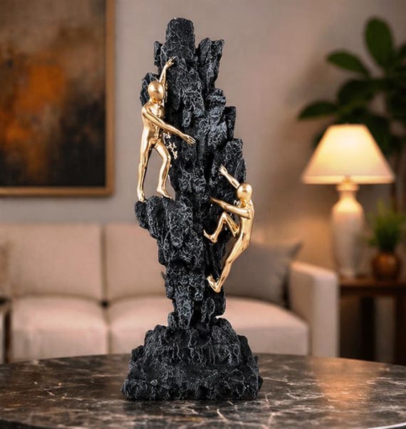 Abstract Climbing Couple Sculpture, Modern Romantic Figurine, Resin Art Statue with Gold Figures