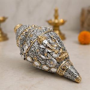 Mini Handcrafted Ganesha Kalash Urn, Antique Silver Finish Decorative Pot, Hindu Spiritual Home Decor