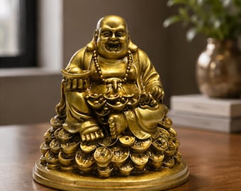 Laughing Buddha Statue with Gold Coins, Feng Shui Wealth & Prosperity Idol