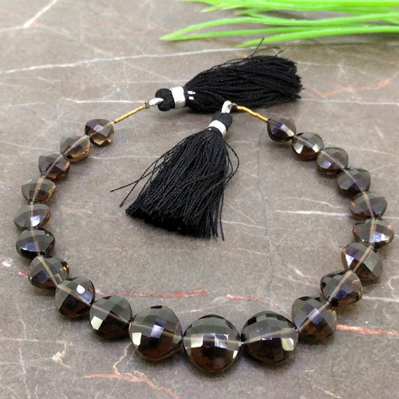 Smoky Quartz Natural Gemstone Size 8 mm Faceted Cut Cushion Shape 7 inch strand