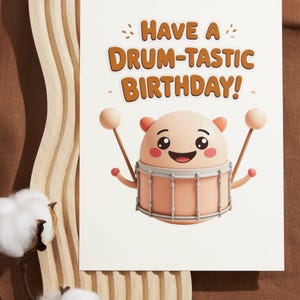 Music Drum Printable Birthday Card, Greeting Card, Downloadable Card, Happy Birthday Card, 5x7 and 4x6 Foldable Card, Blank Card