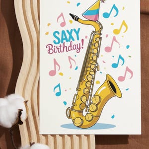 Music Saxophone Printable Birthday Card, Greeting Card, Downloadable Card, Happy Birthday Card, 5x7 and 4x6 Foldable Card, Blank Card