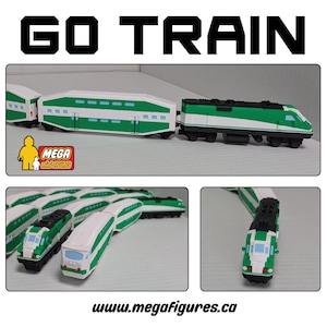 May include: A toy train set featuring a green and white locomotive and passenger cars with the text GO TRAIN and MEGA mini-figures. The plastic train components are shown from multiple angles, displaying the engine and connected carriages.