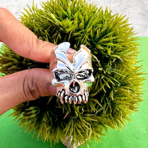 Puede incluir: Un anillo de calavera plateado con un diseño detallado. El anillo presenta una calavera con una mandíbula y cuencas de los ojos prominentes. El anillo se encuentra sobre un fondo de follaje verde.