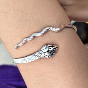 May include: A silver snake bracelet. The bracelet wraps around the arm, with the snake's head and tail forming the ends. The snake's body has a textured, scale-like pattern. The head features a detailed design.