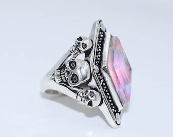 Rhombus Design Aurora Opal Stone Ring, 925 sterling silver Ring, Skull Shape band, pink firing Stone ring, handmade Ring Gift for him