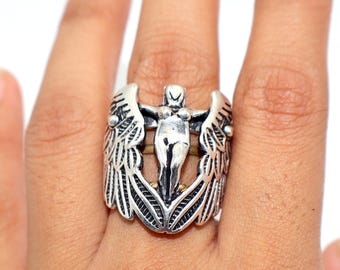 Handmade 925 Sterling Silver Angel Wing Ring - Mens Womens Fairy Ring