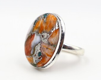 Oval Spiny Oyster Copper Turquoise Ring: Handmade 925 Sterling Silver
