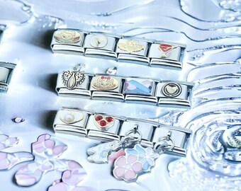 Romántica pulsera de acero inoxidable de 9 mm con forma de corazón y ala de flor, eslabones italianos con dijes en color arcoíris