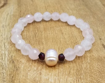 Rose Quartz, Pearl, and Garnet stretch bracelet